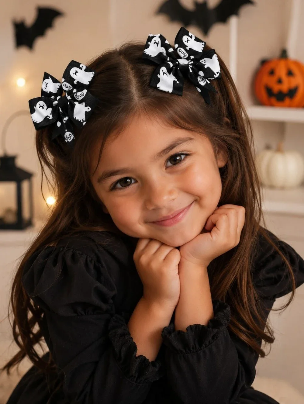 2 Pack Halloween Ghost Hair Bows Black White Boo Grosgrain Girls Hair Clips